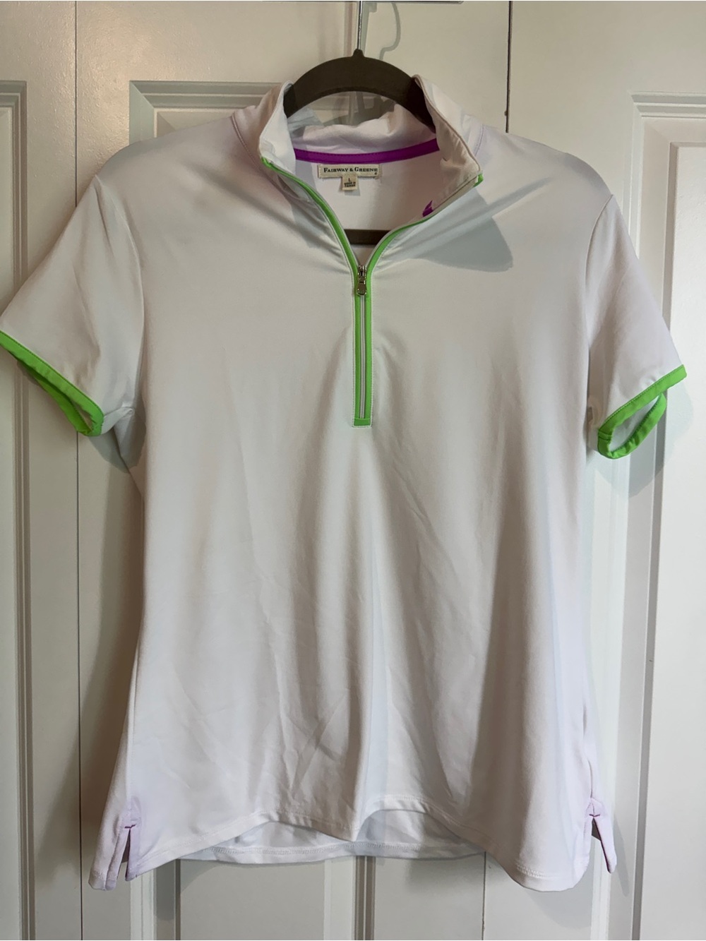 Fairway & Greene Women’s White Short Sleeve Golf Polo with Lime Trim